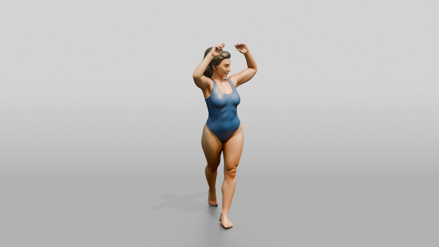 Curvy Woman in Blue Swimsuit Posing with Arms Raised