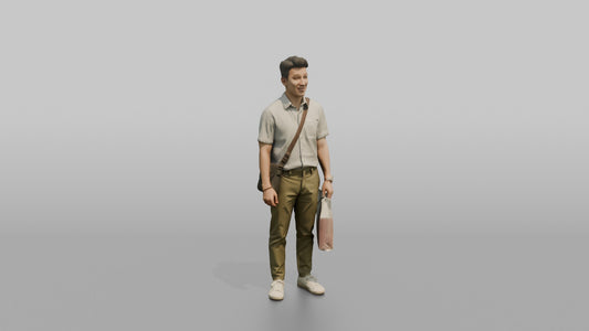Vacationer Wearing Lightweight Striped Short Sleeve Shirt And - 3D character model, view 1