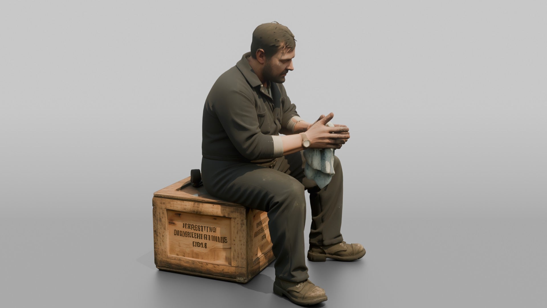 Engineer Resting on a Crate After a Long Shift