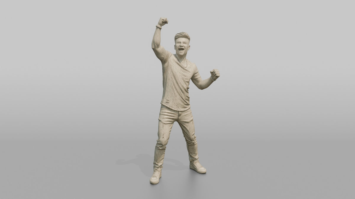 Club DJ Man Fist Raised In The Air, Energetic Pose - wireframe topology preview