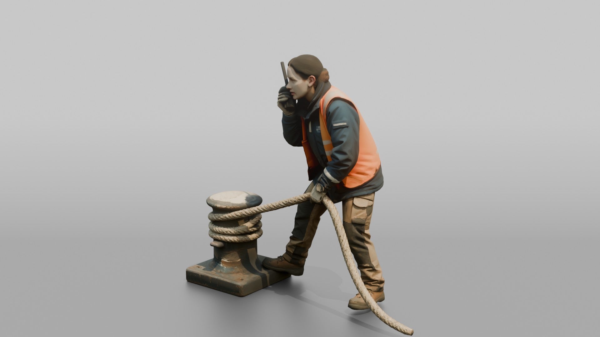 Deckhand Checking a Mooring Line on the Radio