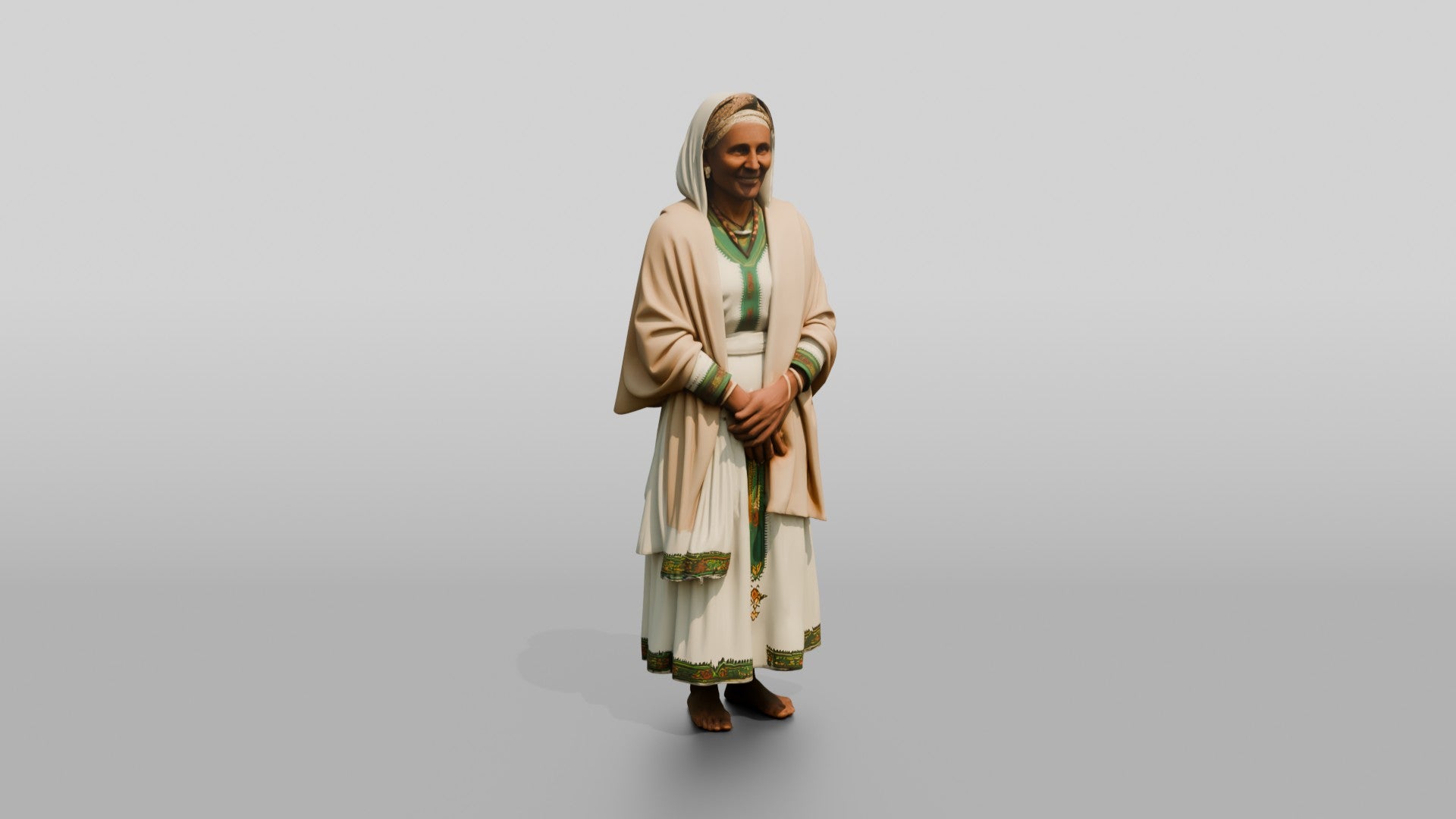 Elderly Ethiopian Woman in Traditional White Dress and Shawl