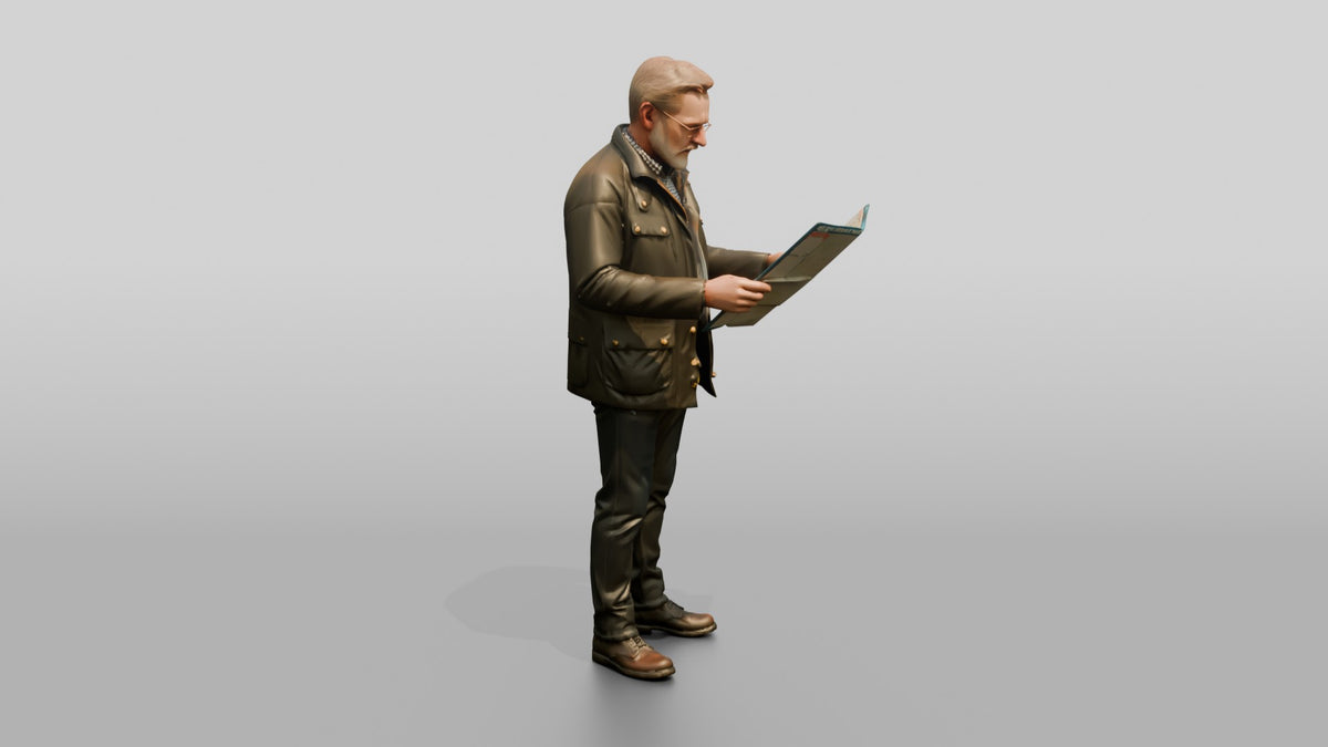 White Man in Waxed Jacket Checking a Map - 3D character model, view 2
