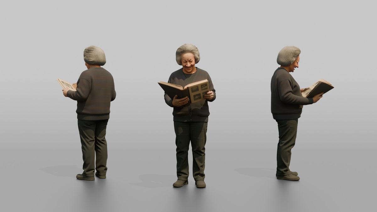 Grandmother Holding A Photo Album Open With Both Hands - 3D character model, view 1