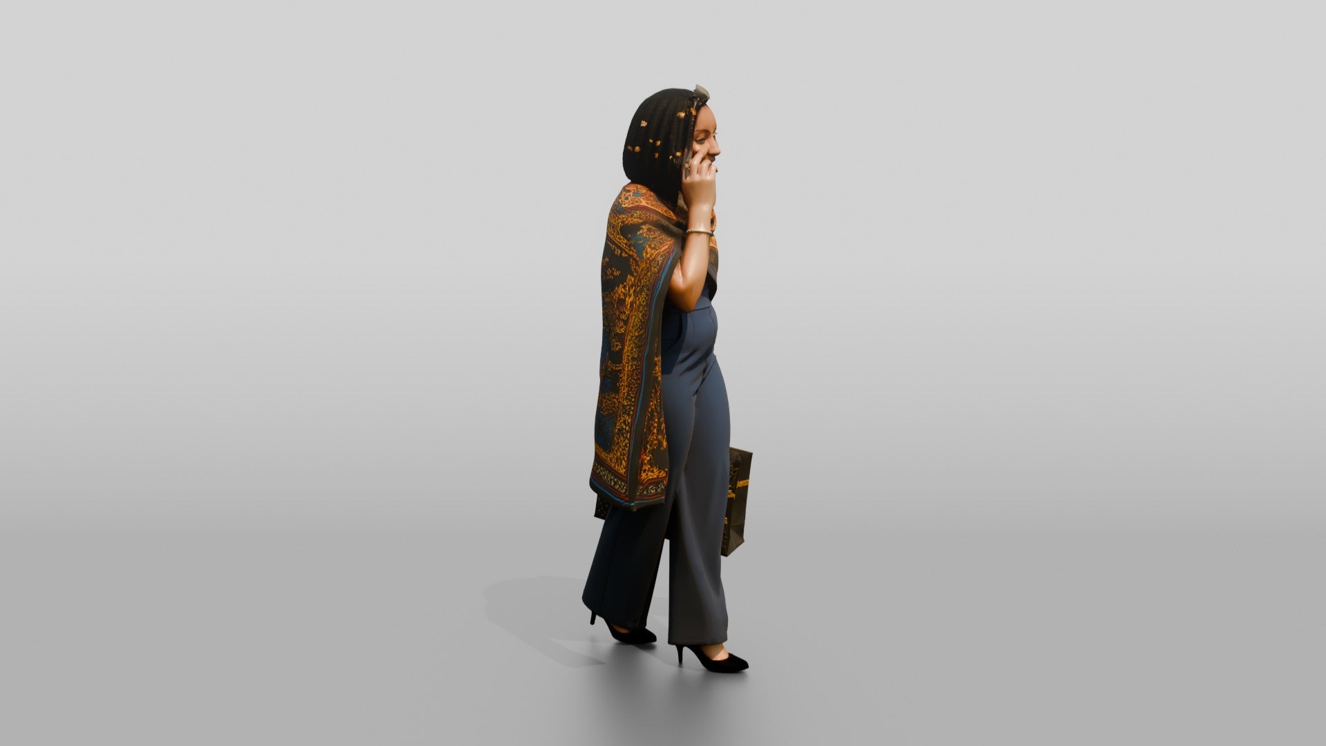 Woman in Printed Wrap Shawl Talking on the Phone