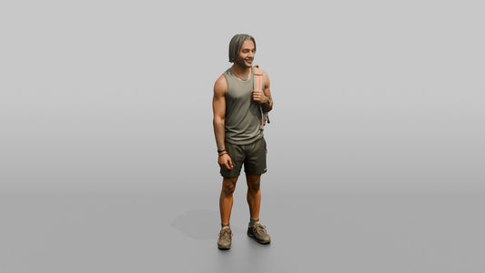 Hiker Slinging a Pack Over One Shoulder - 3D character model, view 1