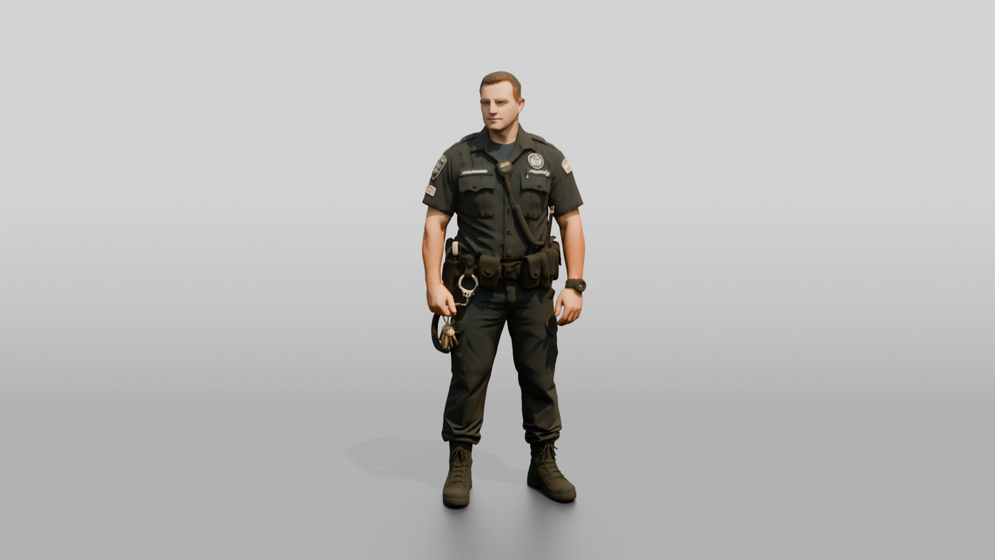White Male Guard in a Navy Blue Tactical Guard Uniform