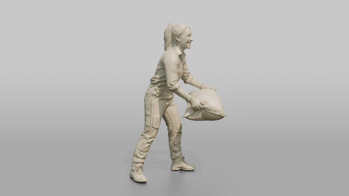 Farmer Loading Burlap Sacks Of Potatoes Onto Wooden - wireframe topology preview