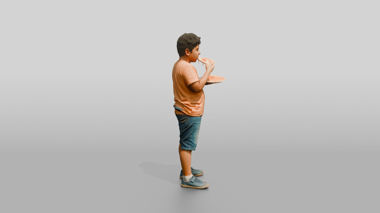 Stocky Portuguese Boy Eating a Slice of Pizza