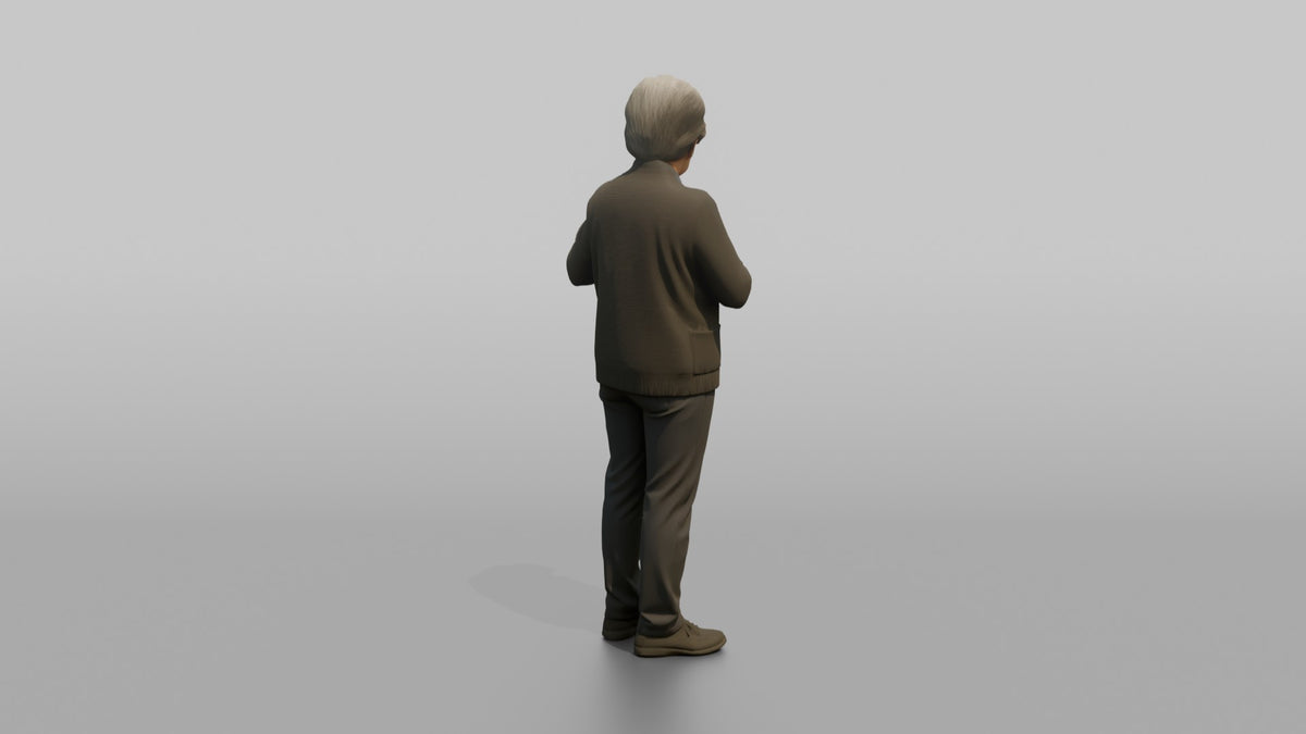 Grandmother Adjusting A Brooch On Her Cardigan - 3D character model, view 3