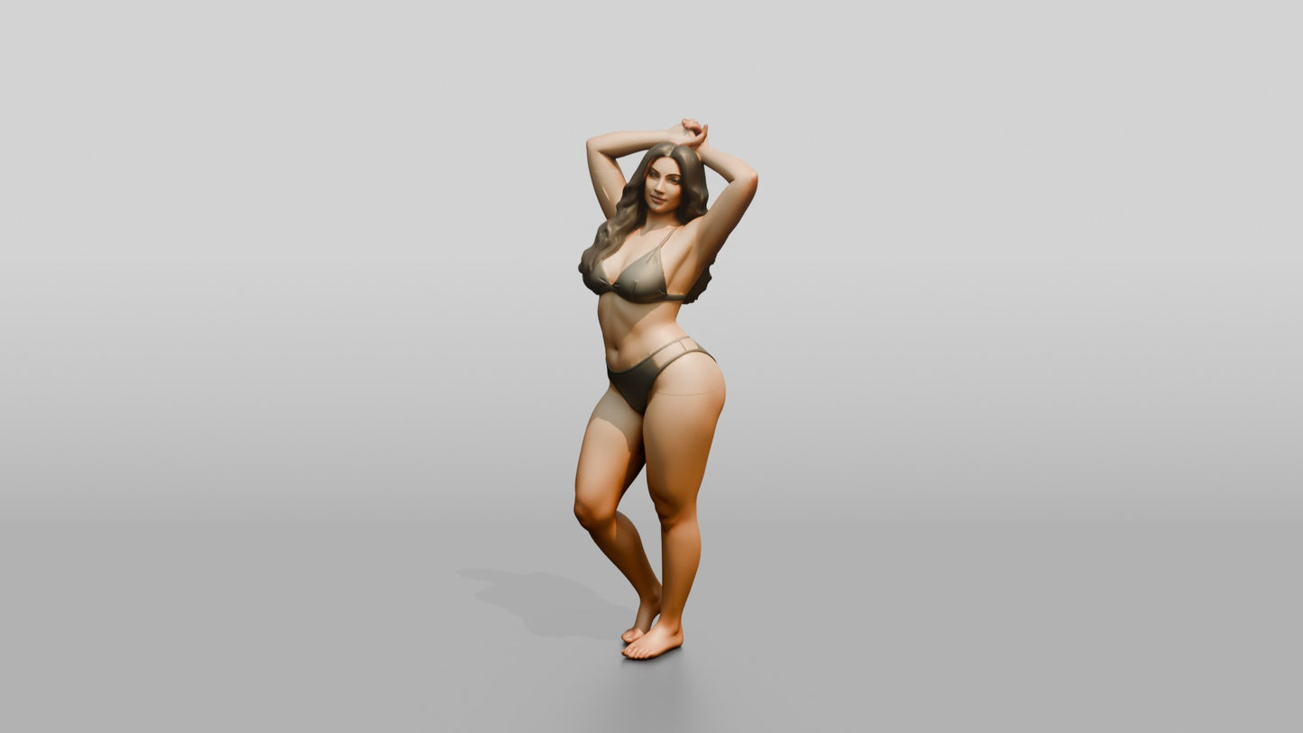 Curvy Woman in Olive Two-Piece Swimsuit Adjusting Her Hair