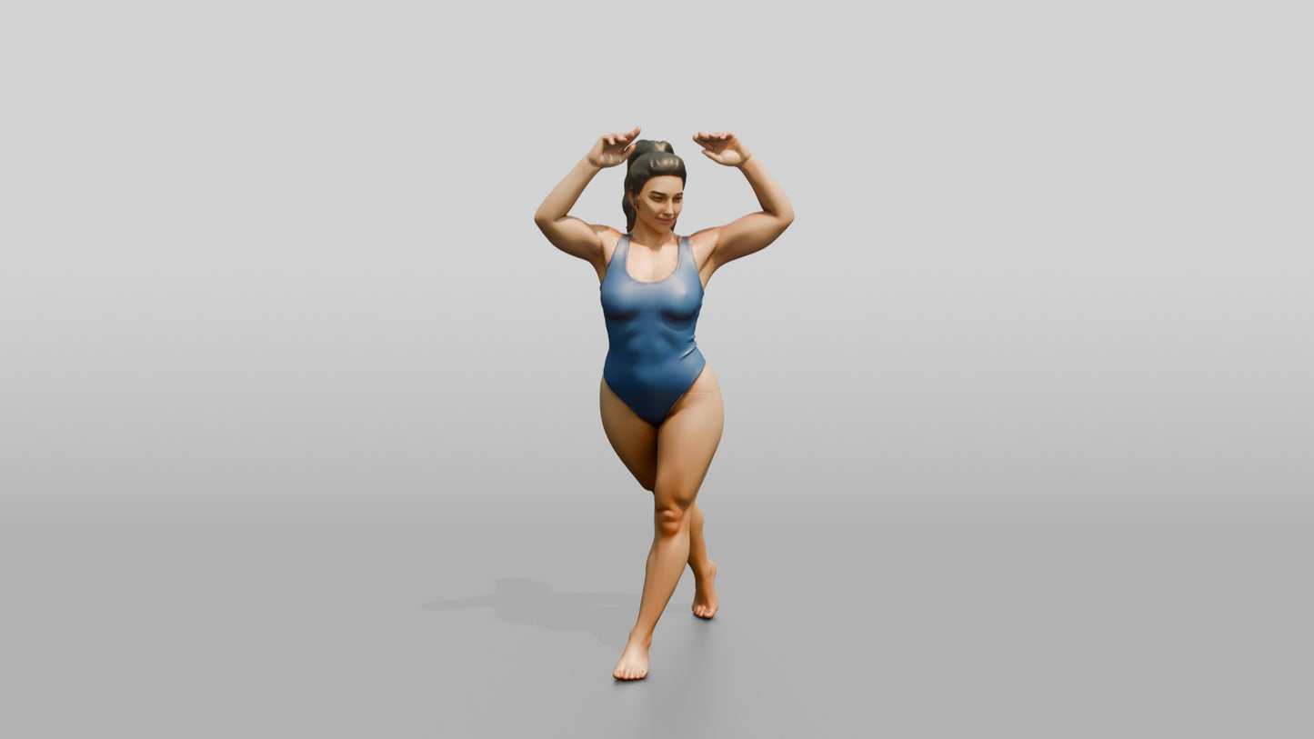 Curvy Woman in Blue Swimsuit Posing with Arms Raised