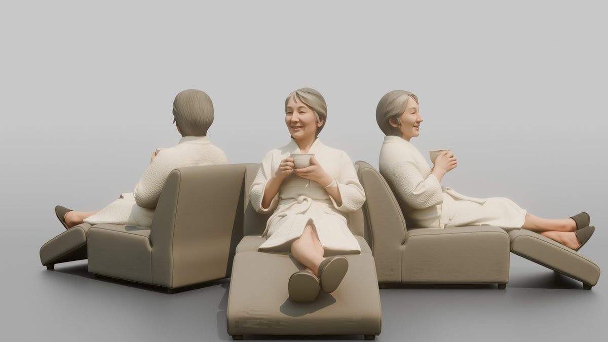 Spa Client Man Sitting On A Lounge Chair In A Robe, Holding A Cup Of Tea - 3D character model, view 1