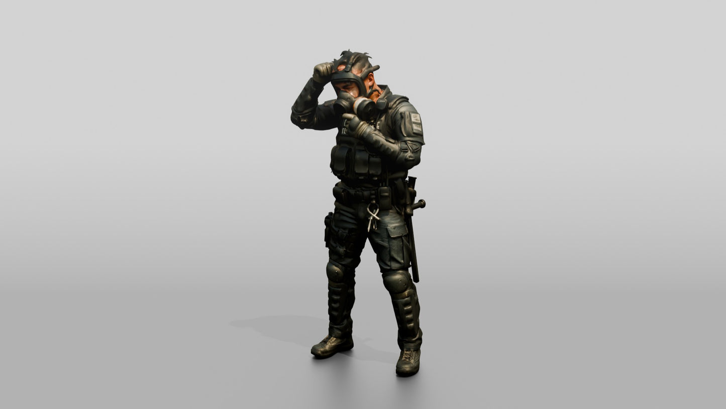 Riot Police Officer Adjusting Gear
