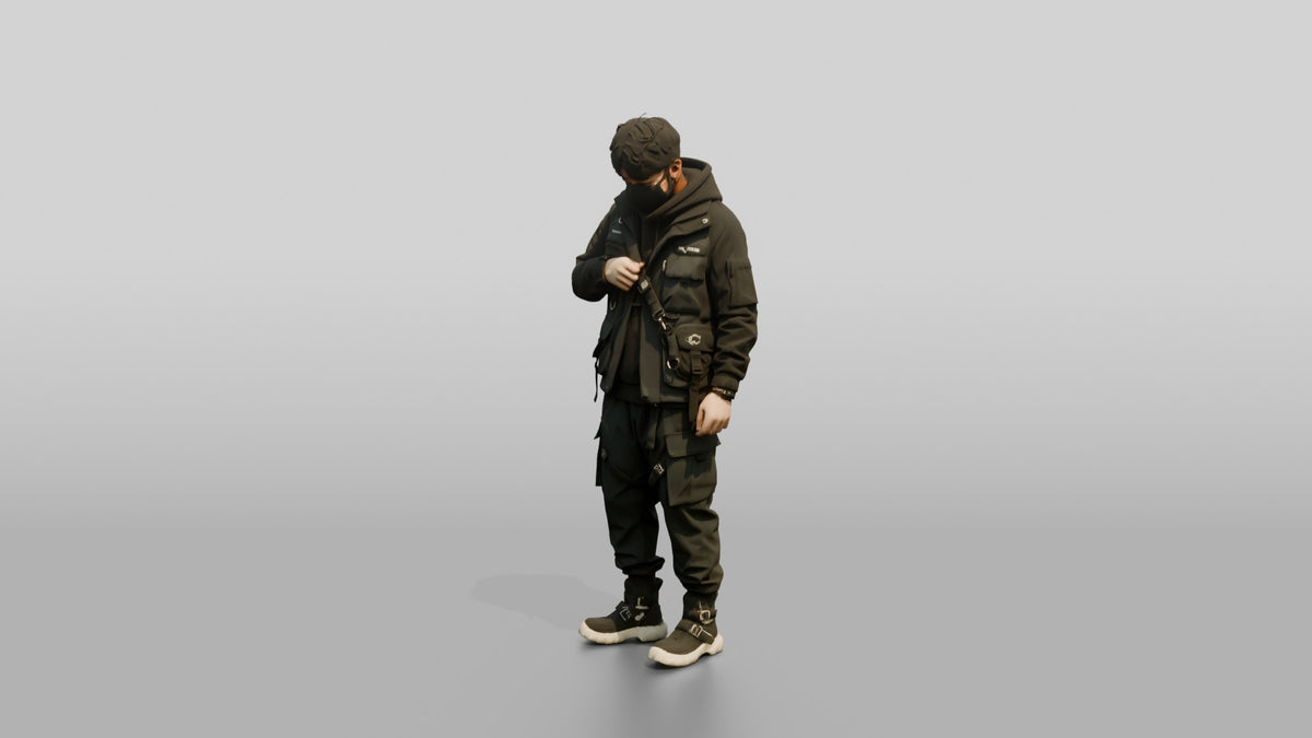 Techwear Man Zipping Up His Jacket - 3D character model, view 4