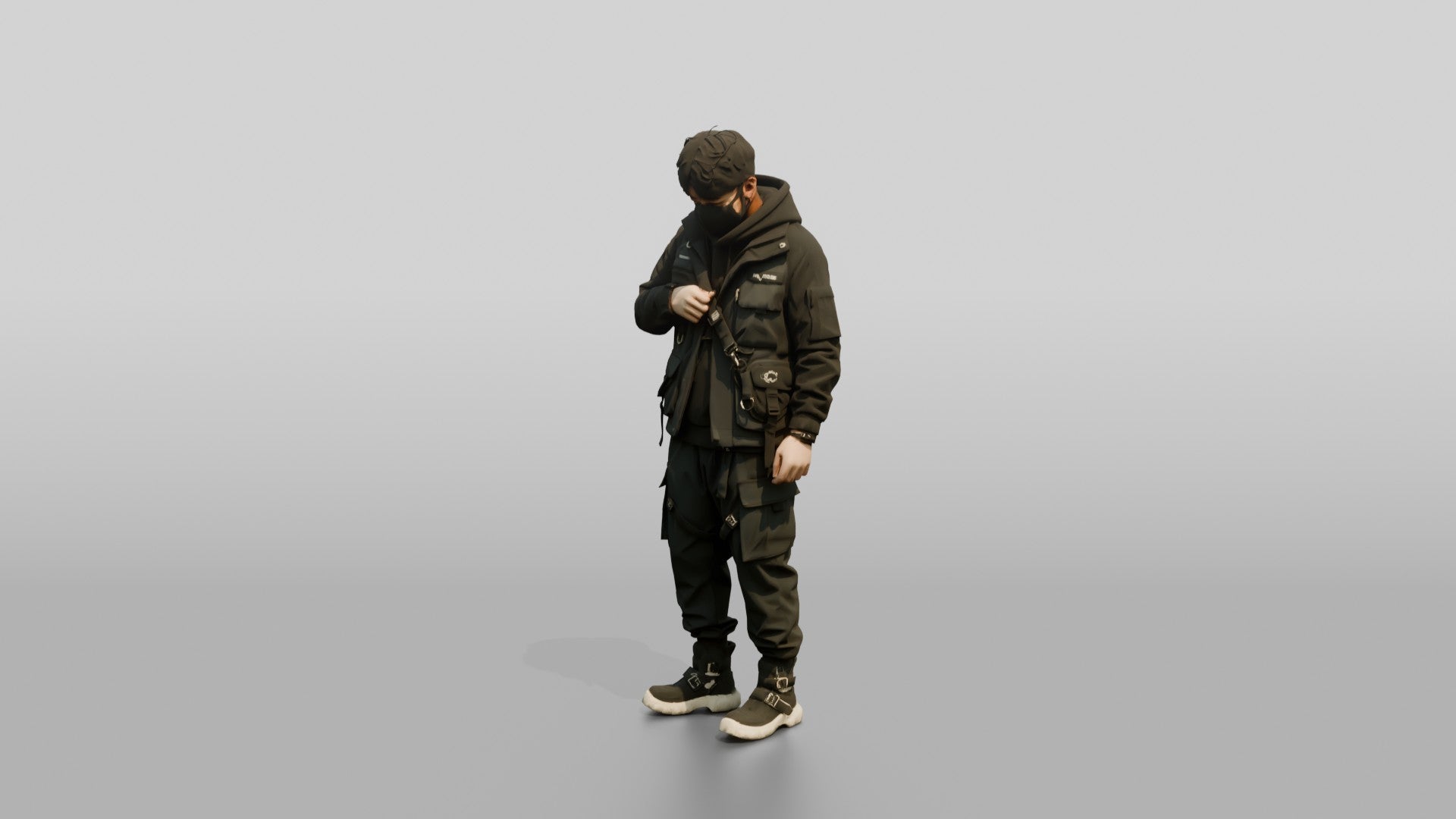 Techwear Man Zipping Up His Jacket