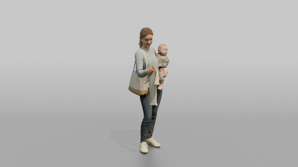 Woman Customer Carrying A Baby On Her Hip While Browsing Baby Clothes - 3D character model, view 2