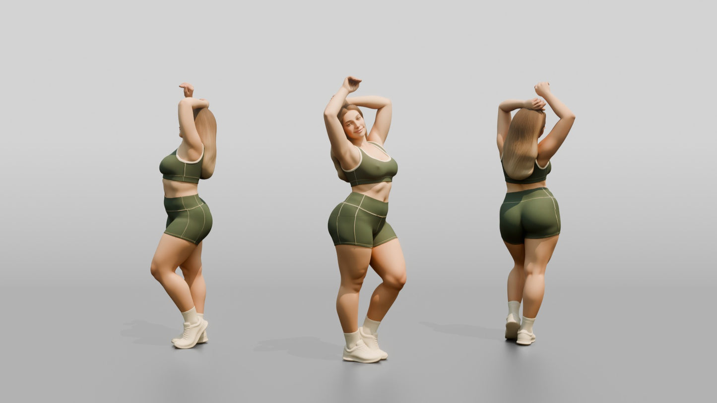 Curvy Woman in Olive Activewear Stretching Overhead