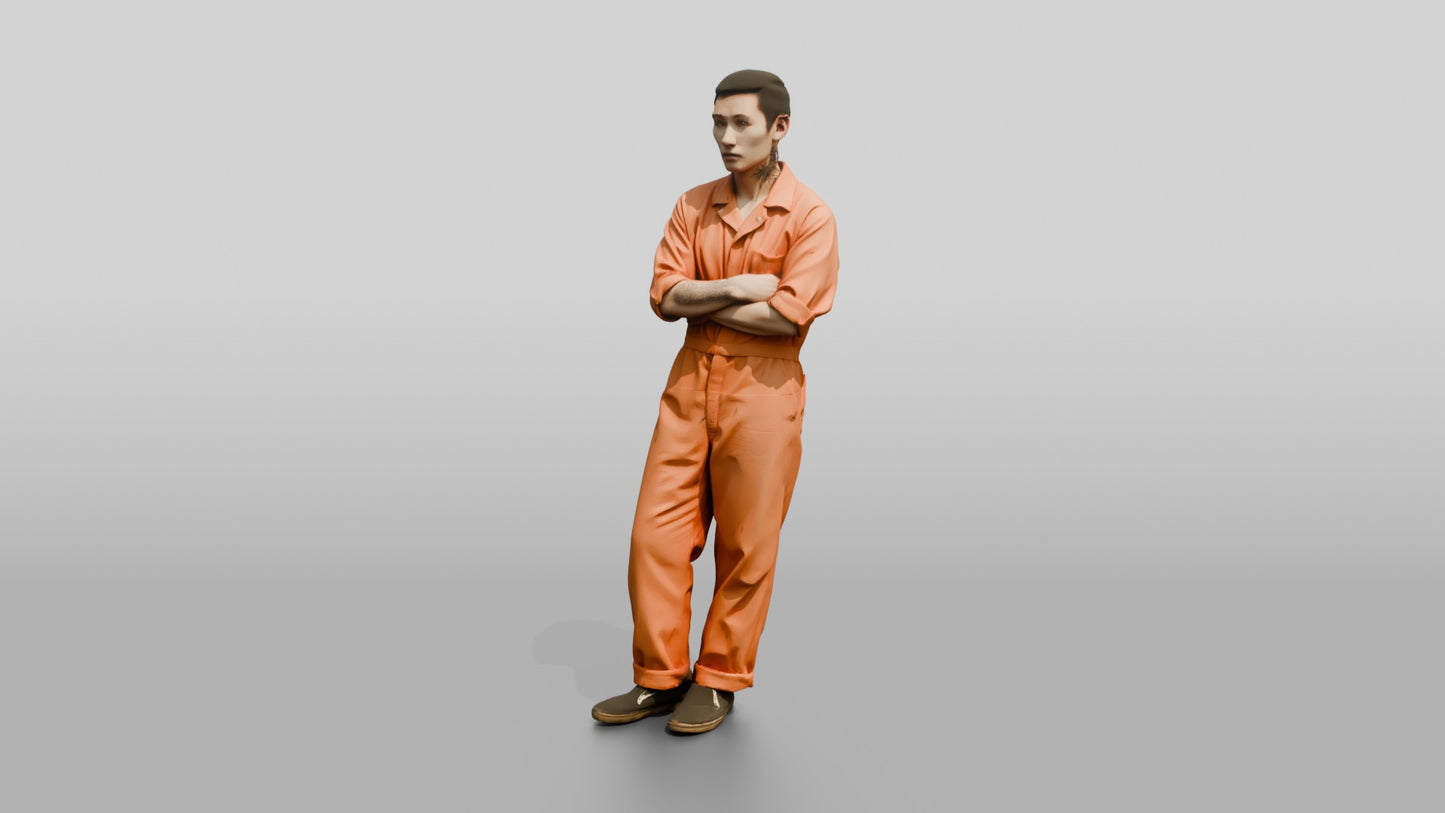 East Asian Male Prisoner Leaning Casually Against