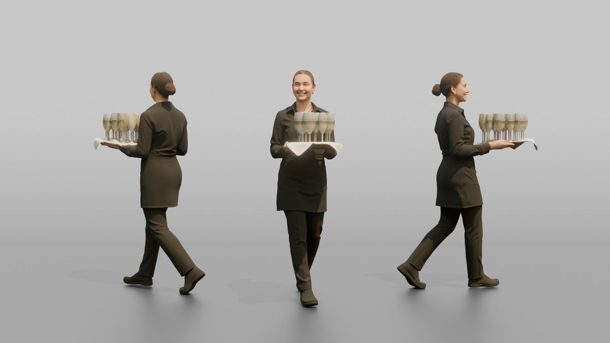 Cocktail Server Woman Balancing A Tray Of Champagne Glasses - 3D character model, view 1