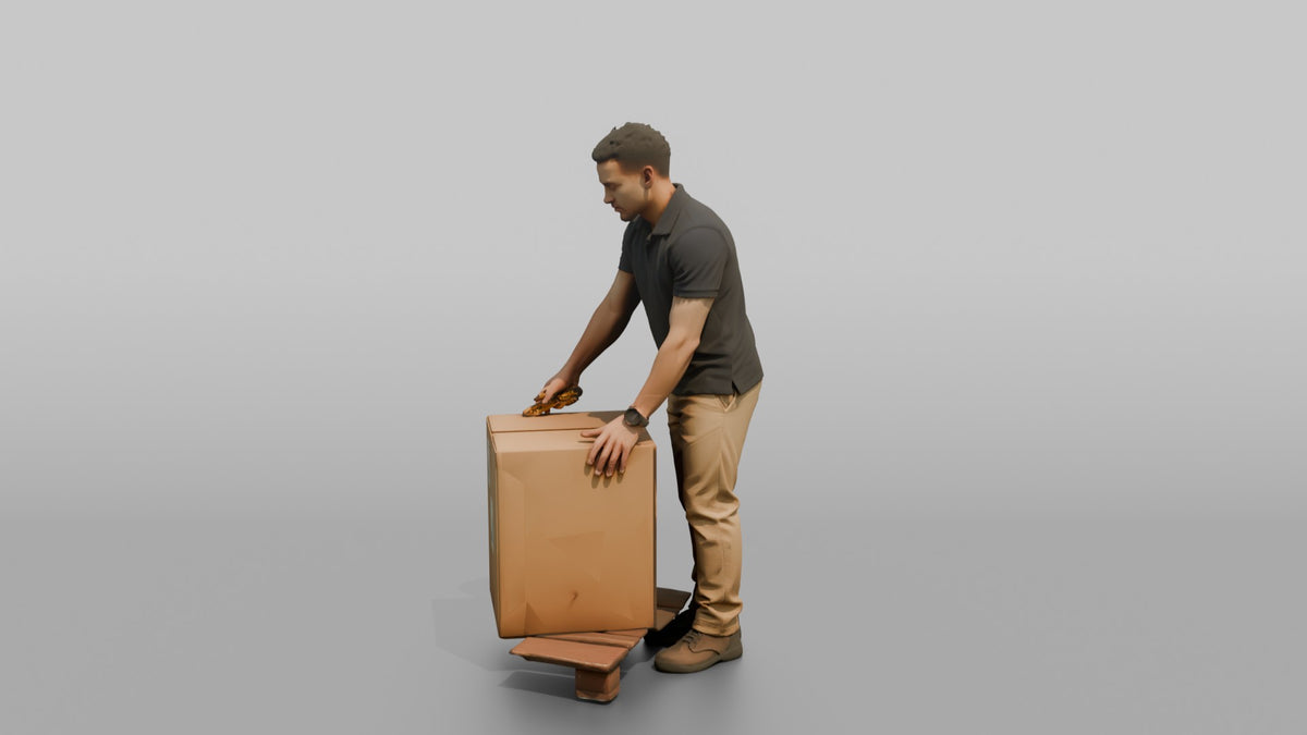 Man Stock Clerk Unpacking A Cardboard Box With A Box Cutter - 3D character model, view 4