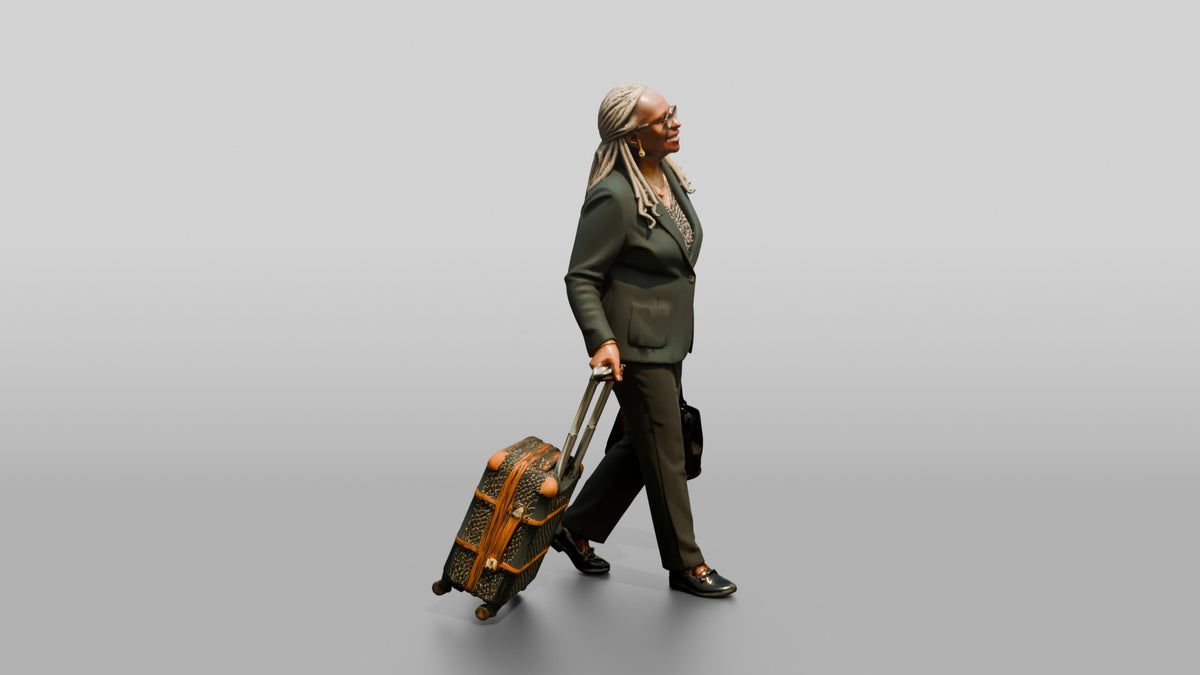 Elderly Black Woman in Green Blazer with Patterned Luggage - 3D character model, view 2