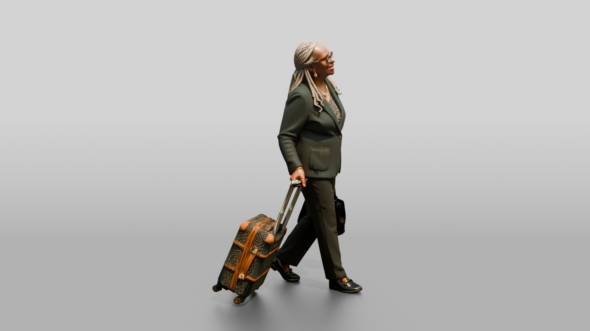 Elderly Black Woman in Green Blazer with Patterned Luggage