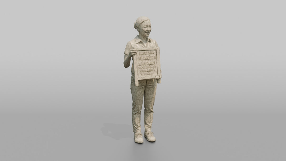 Host Woman Holding A Small Stand-up Chalkboard Menu - wireframe topology preview