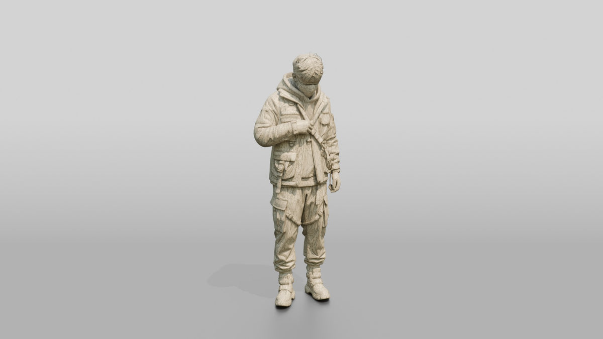 Techwear Man Zipping Up His Jacket - wireframe topology preview