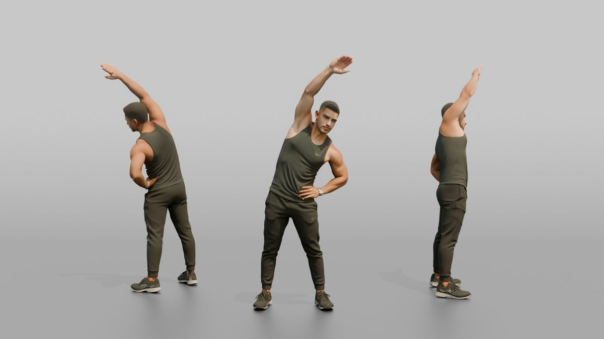 Fitness Influencer Man Doing A Standing Side Stretch, One Arm Overhead - 3D character model, view 1