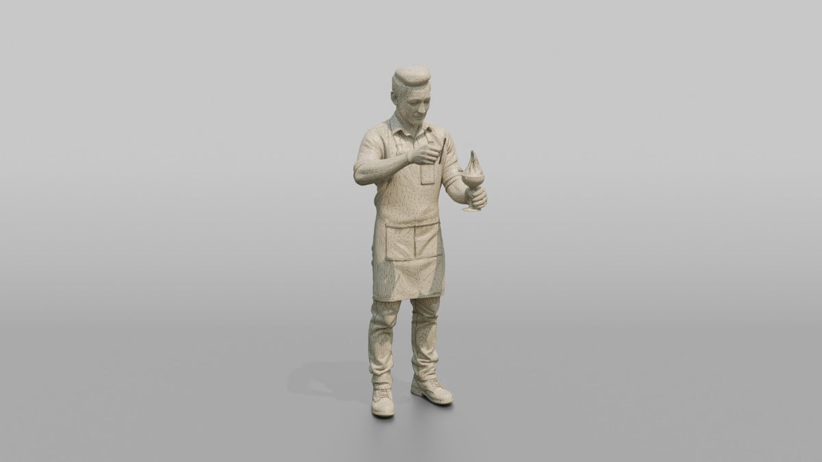 Bartender Man Lighting A Flaming Cocktail - wireframe topology preview