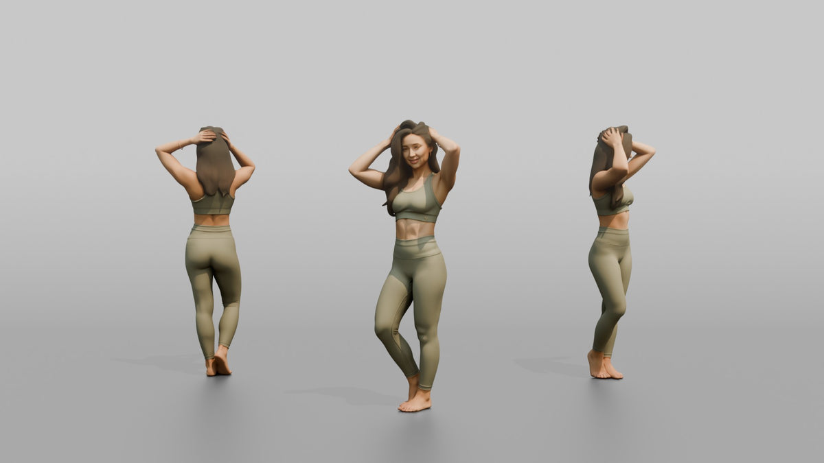 Fitness Influencer Woman Standing With Hands Running Through Hair - 3D character model, view 1