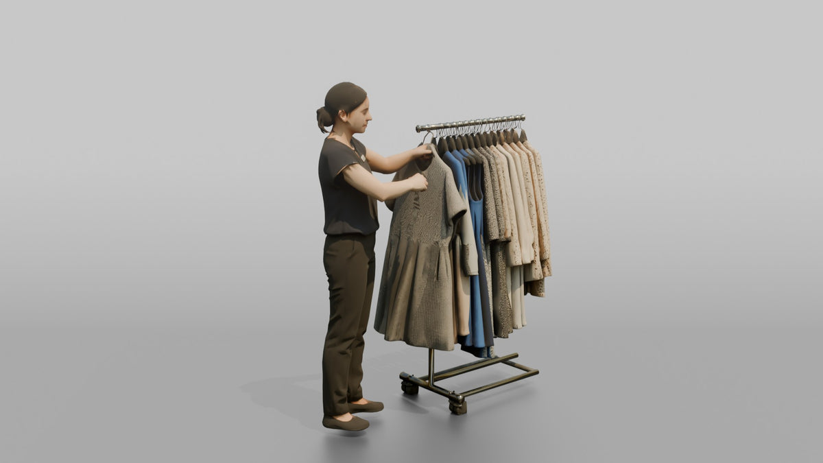 Woman Sales Associate Straightening A Rack Of Dresses - 3D character model, view 2