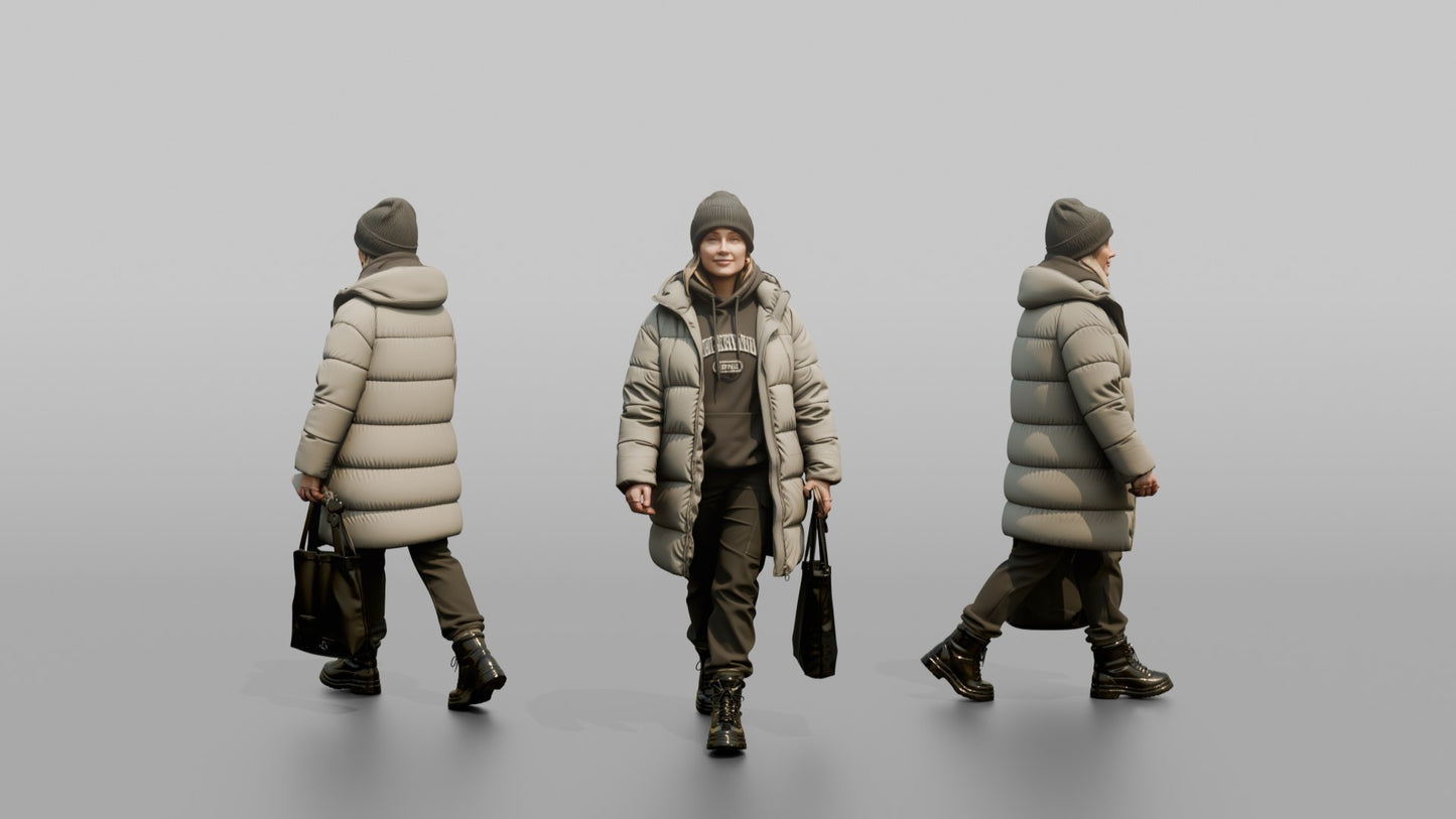 Scandinavian Woman Walking in an Oversized Puffer Coat