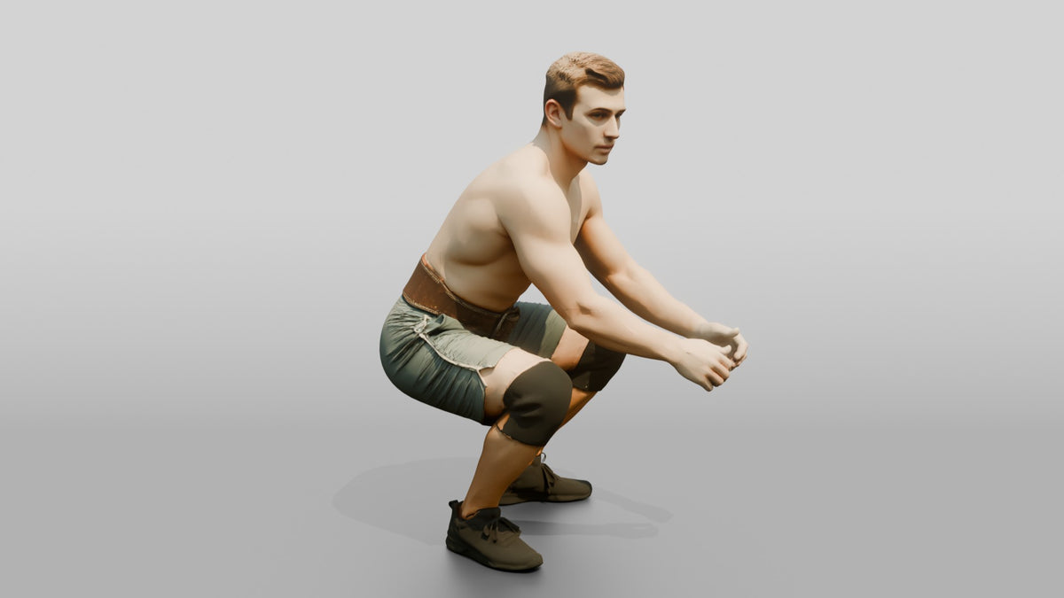 Man Squatting with Chalk and Belt - 3D character model, view 2