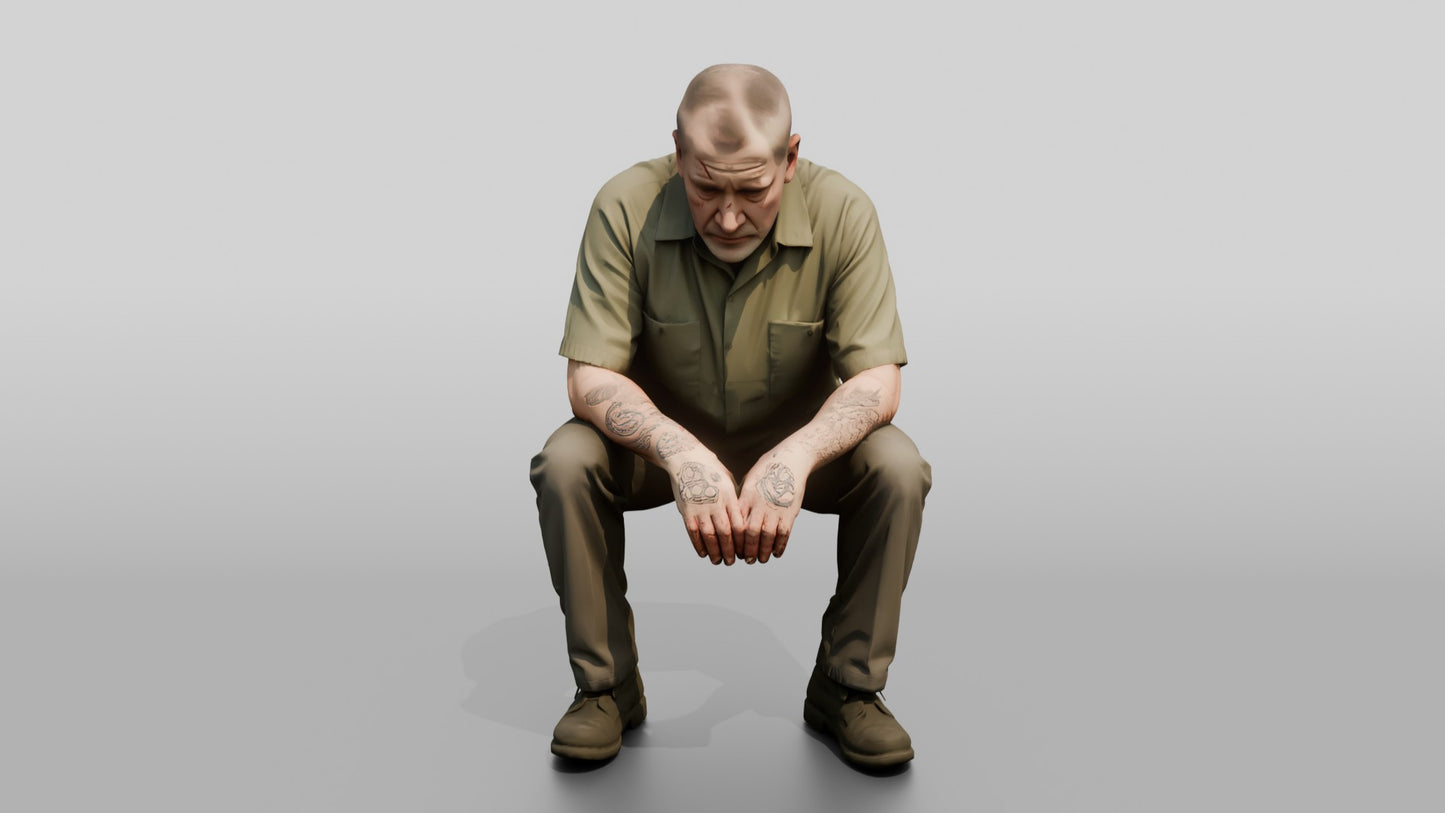 White Male Prisoner Sitting on the Edge of an Invisible Cot