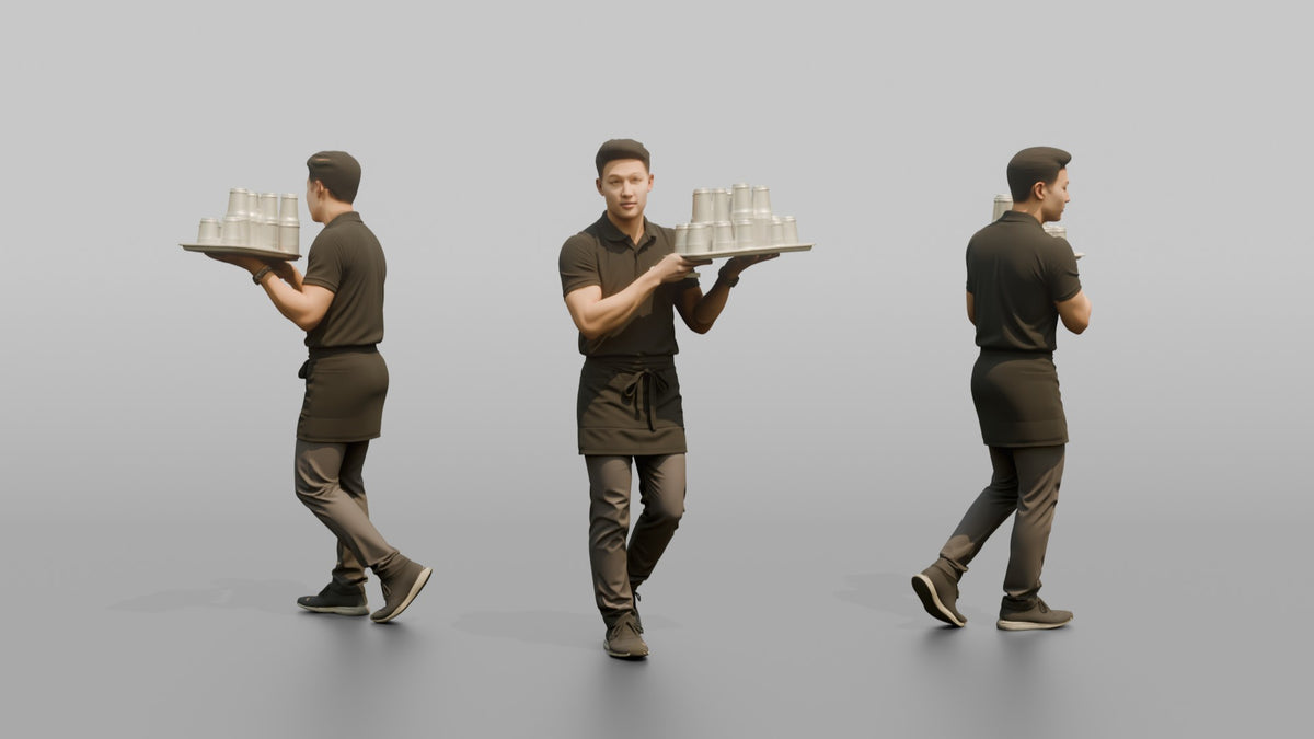 Server Man Balancing A Tray Of Empty Glasses - 3D character model, view 1