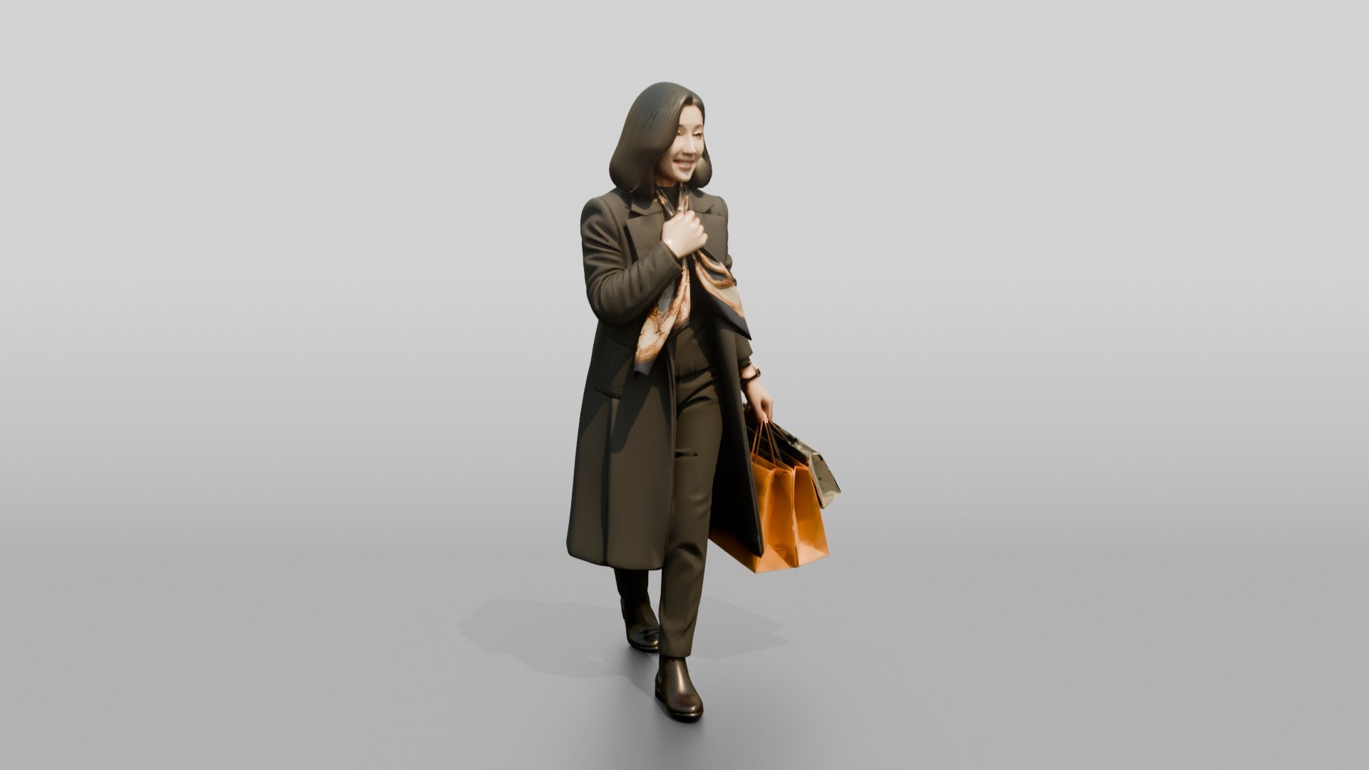 Woman Adjusting Silk Scarf While Walking