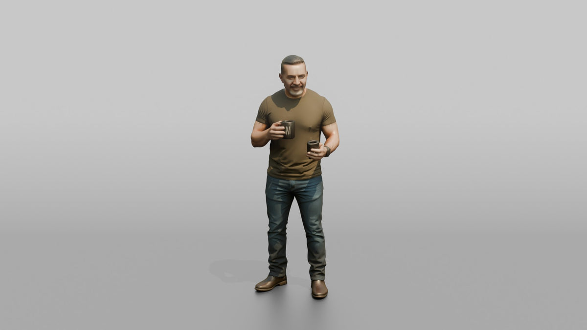 Father Holding A Coffee Mug In One Hand And A Phone In The Other - 3D character model, view 5