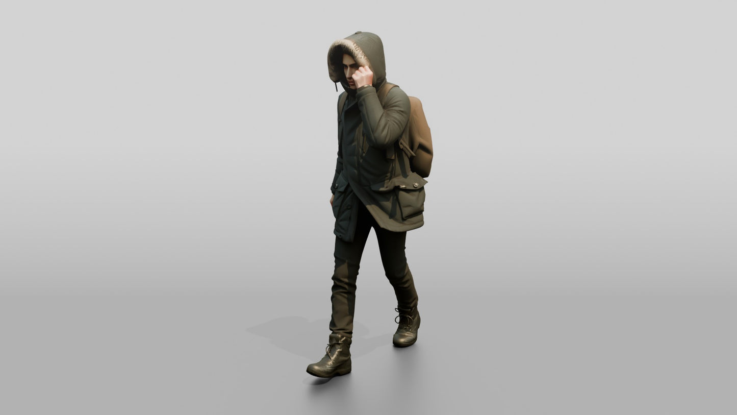 Middle Eastern Man in Grey Parka Walking Against Wind