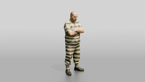 Heavy-set White Male Prisoner in a Grey-white Striped Uniform - 3D character model, view 1