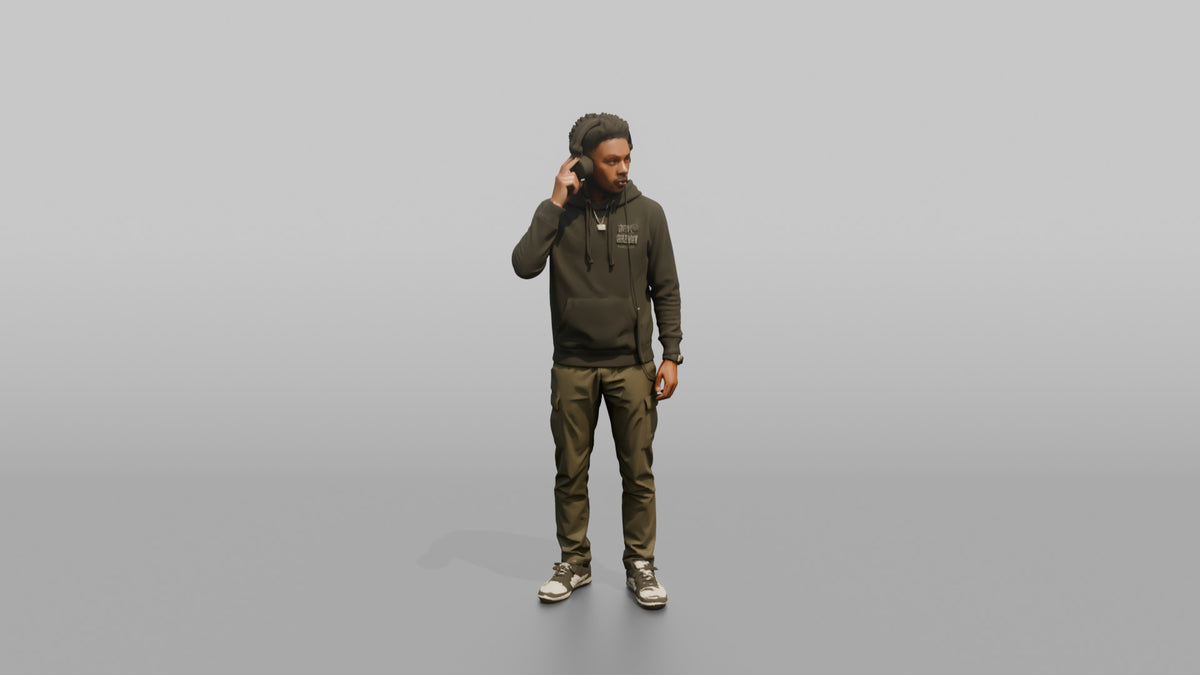 Club DJ Man Wearing Headphones, One Hand Adjusting Them - 3D character model