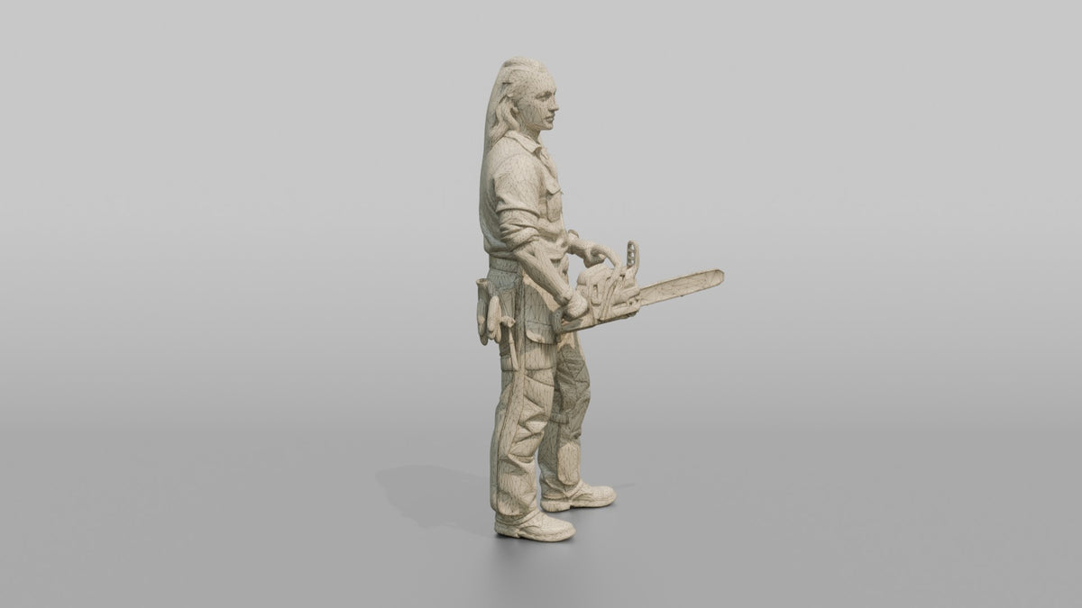 Farmer Holding Chainsaw Wearing Protective Chaps - wireframe topology preview
