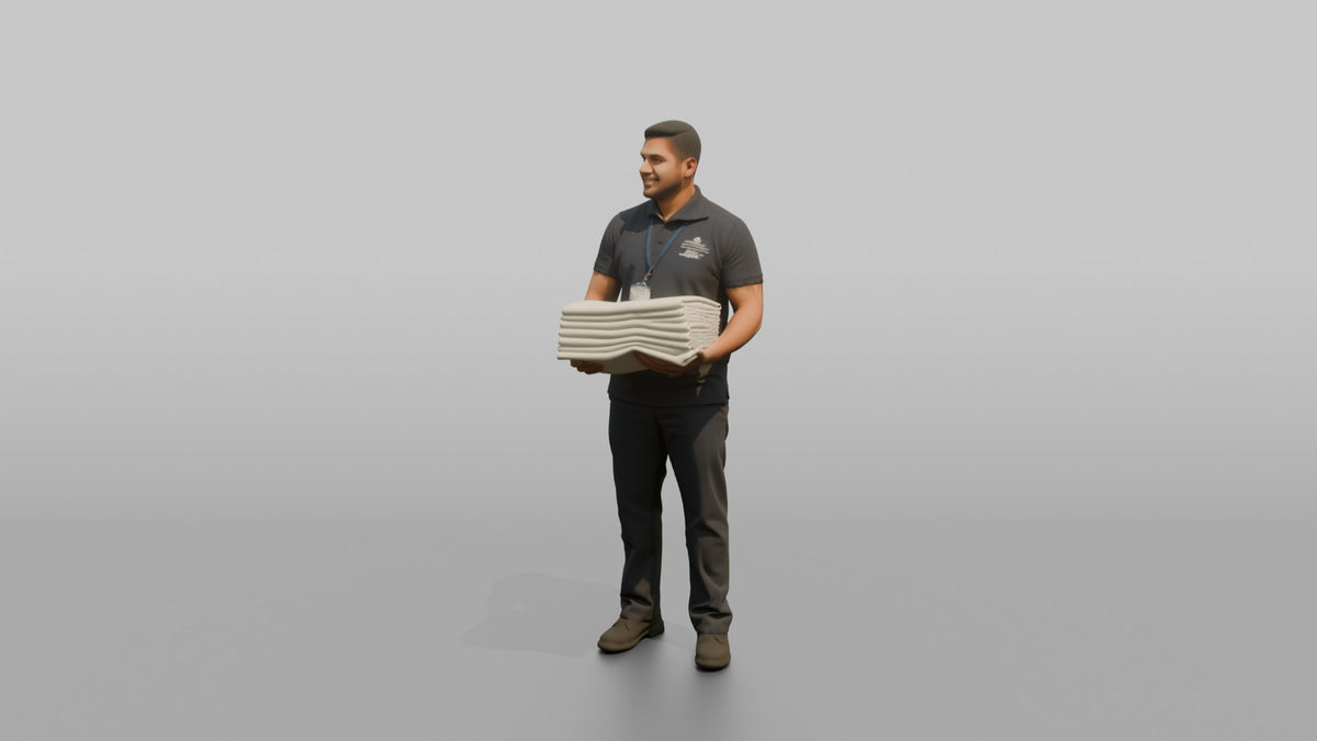 Housekeeping Staff Man Carrying A Stack Of Clean Bedsheets - 3D character model, view 4