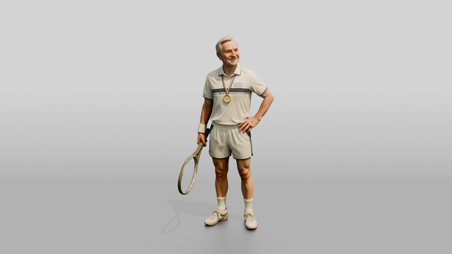 Senior Tennis Player Smiling Up at the Stands