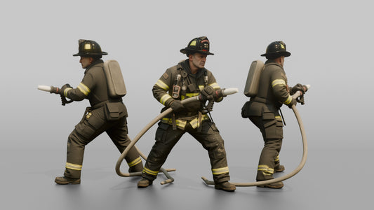 Firefighter Man Bracing Himself While Holding a Pressurized Fire Hose