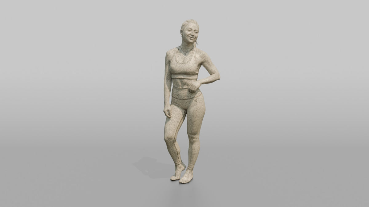 Fitness Influencer Woman Standing Three-quarter Angle, Chin Slightly Up - wireframe topology preview