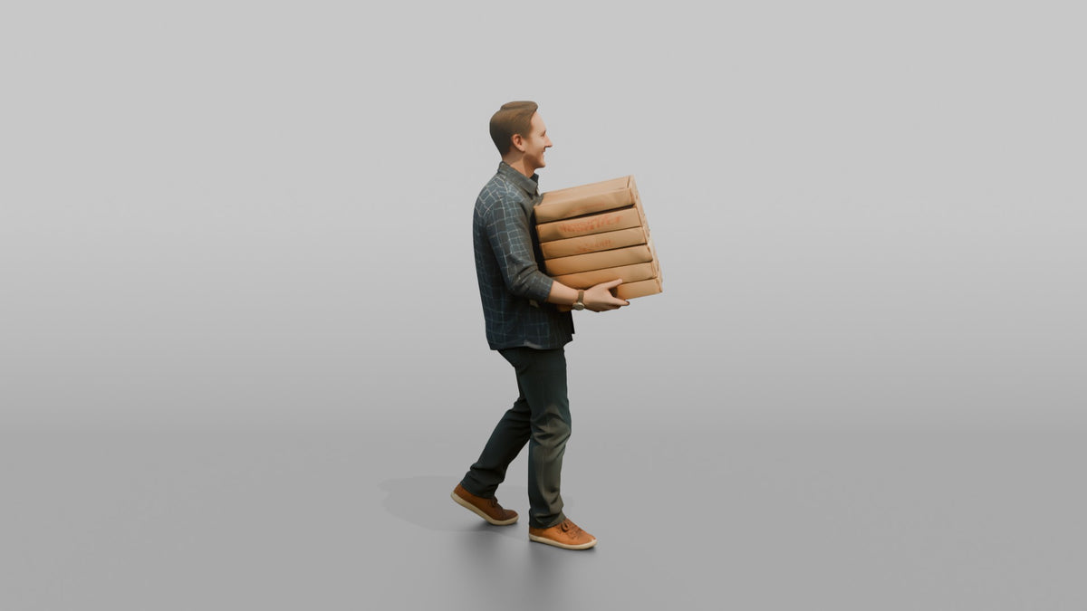 Father Carrying A Stack Of Pizza Boxes Balanced In Both Arms - 3D character model, view 2