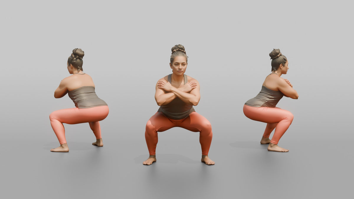 Bodyweight Athlete Woman Holding A Deep Squat Position, Arms Crossed - 3D character model, view 1