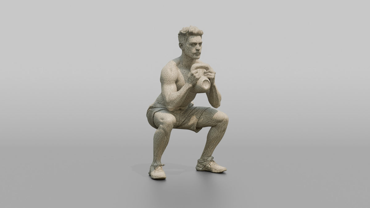 Weightlifter Man Holding A Kettlebell In A Goblet Squat Position - wireframe topology preview